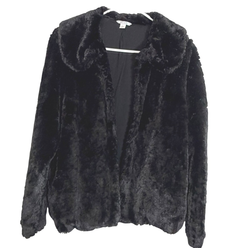 EST 1946 L Black Faux Fur Jacket Wide Collar Open Front Glam Mob Wife Coat